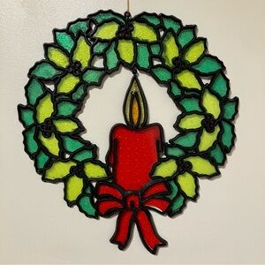 Vintage Plastic Stained Glass Style Holly Candle Wreath Suncatcher Hong Kong